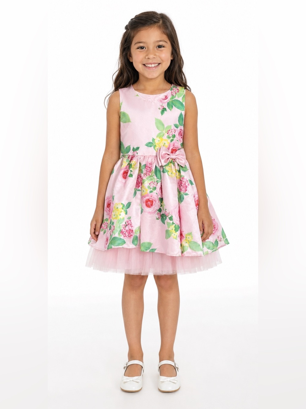 NANETTE GIRLS PINK SLEEVELESS FLORAL DRESS NETTING LAYER AT THE BASE  6X GIRLS